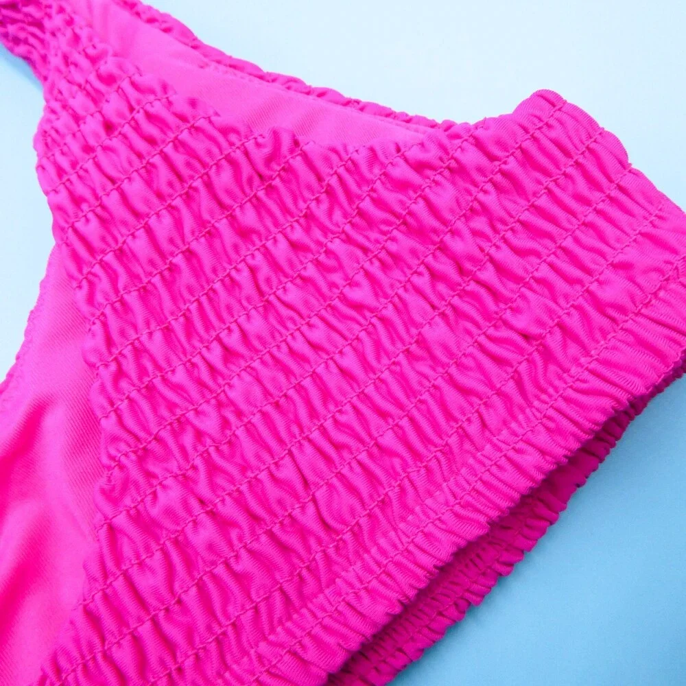 Victorias Secret Medium Pink Ruched Fabric Padded Ribbed Bikini Top Pullover New